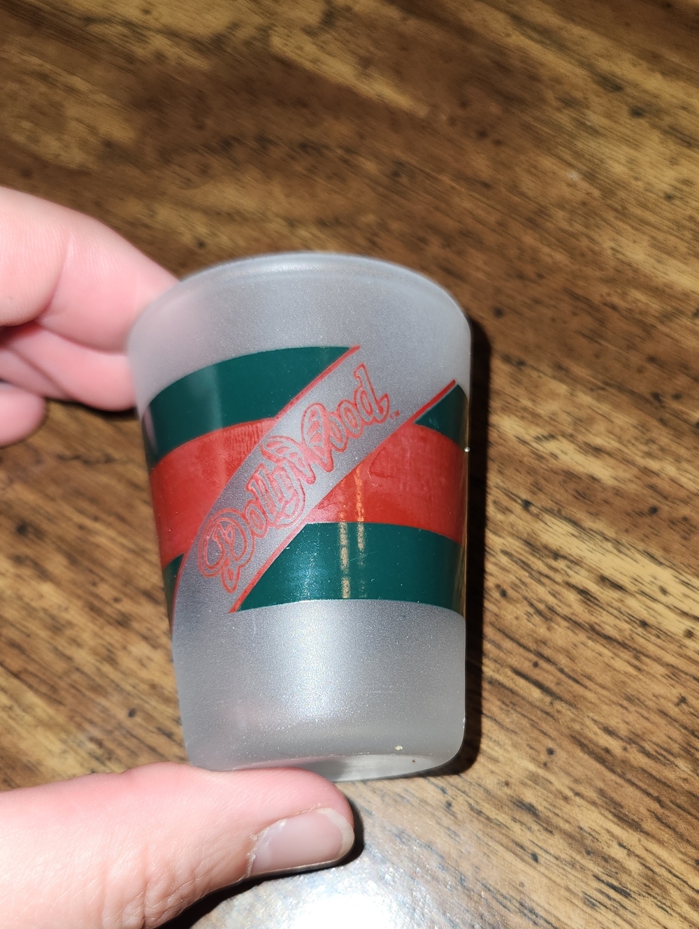 Dollywood Frosted Shot Glass with Green and Red Stripe Accent